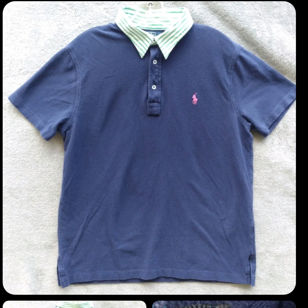 Polo Ralph Lauren Men's XL Blue Short Sleeve Polo Shirt Green Stripe Contrast